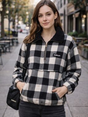 Hurley Women’s Buffalo Plaid Pullover with Sherpa Collar – Size Small